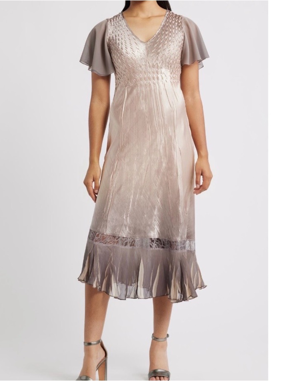 Komarov Metallic Champagne Maxi Dress with Flutter Sleeves - Picture 2 of 12